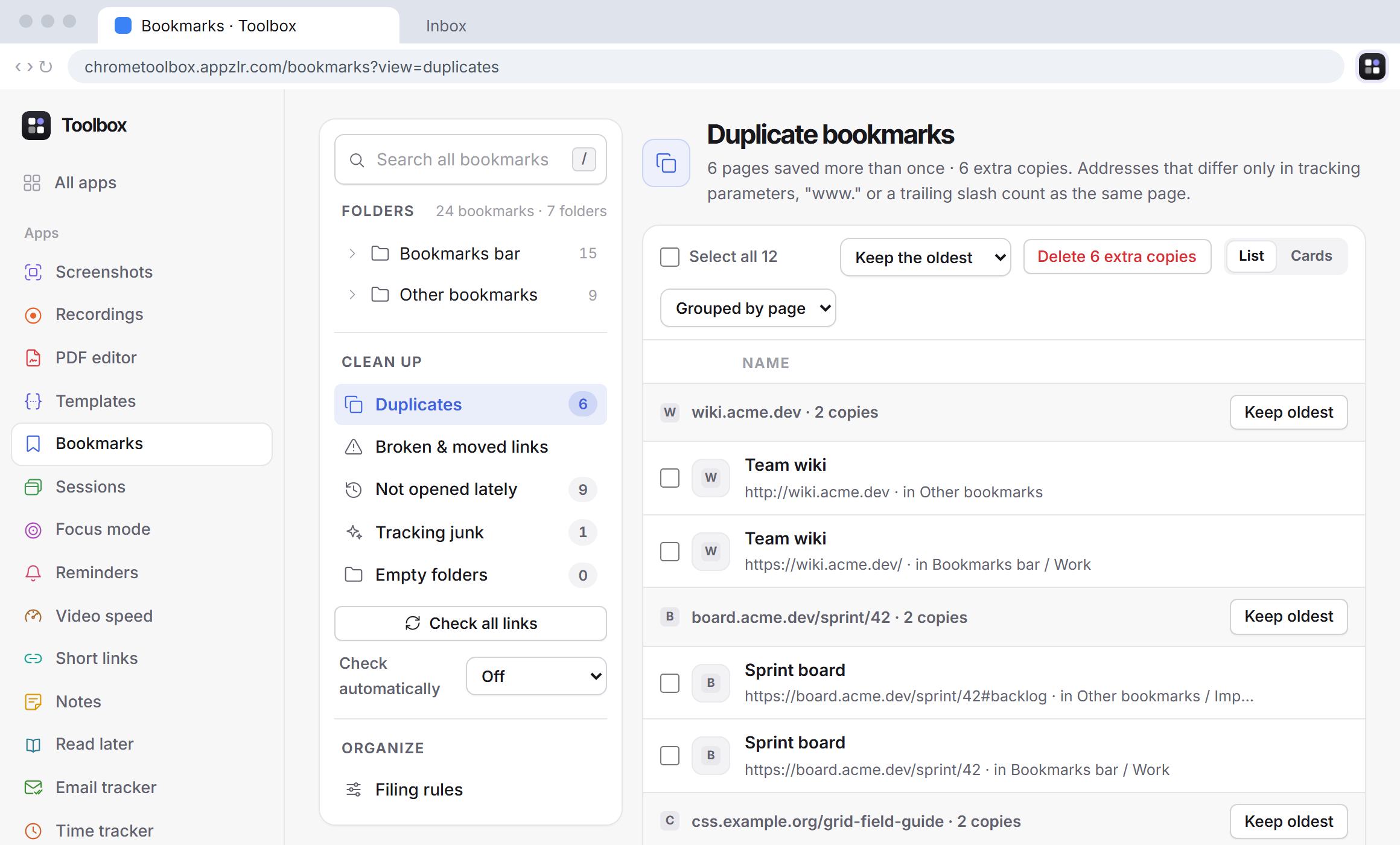 Менеджер закладок Toolbox со списком дубликатов