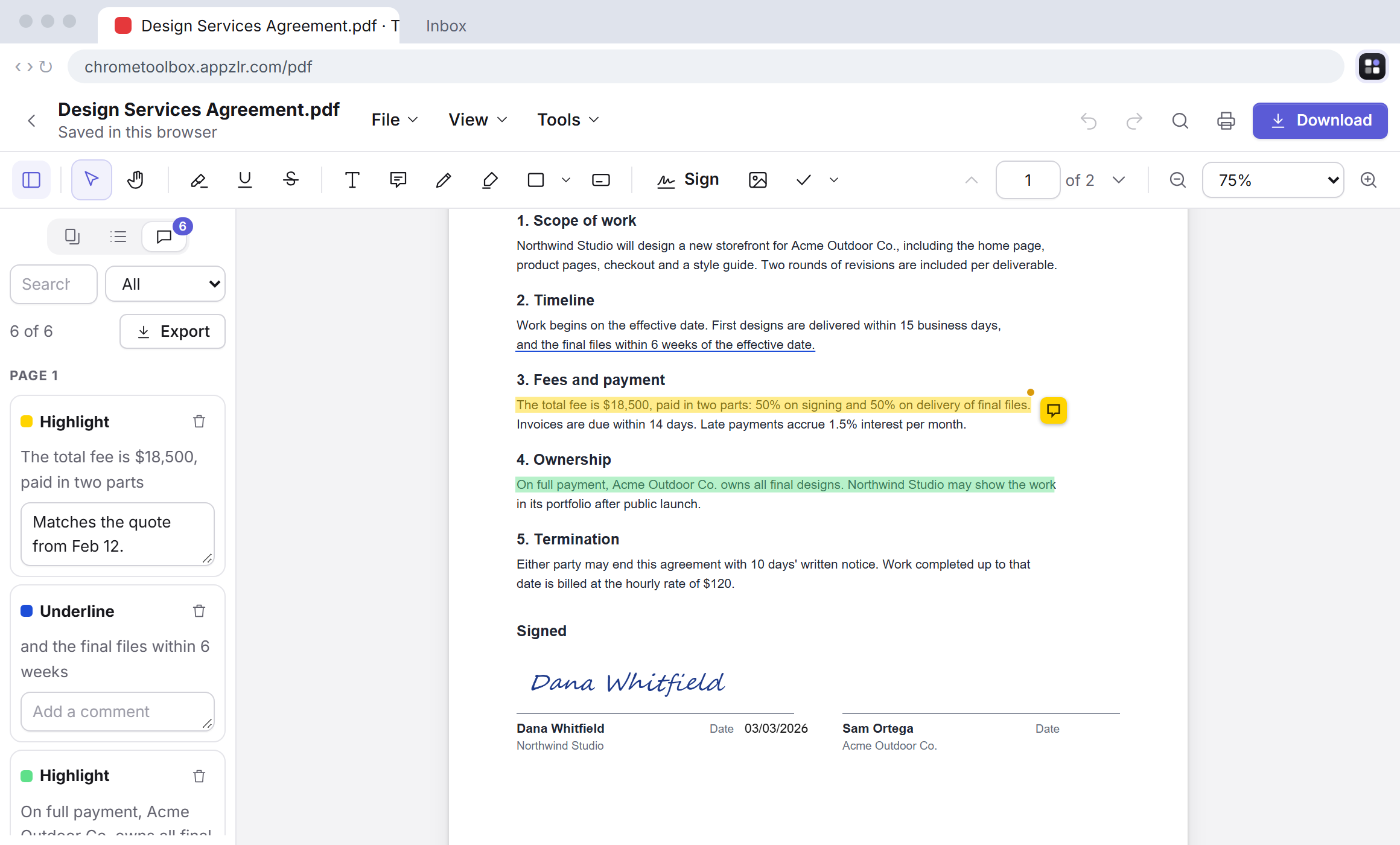 Редактор PDF Toolbox с договором, где есть выделения, комментарии и подпись